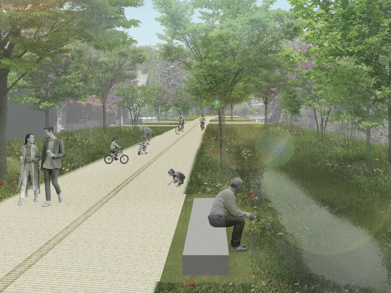 Le quartier Moortebeek–Paloke à Dilbeek : des interventions rapides et temporaires consolident la voie vers un quartier où il fait bon vivre. Image de synthèse de l’avenue André Waucquez © Vectris en collaboration avec Evolta.