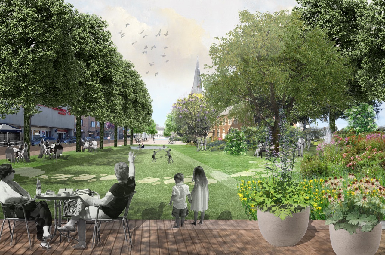À Tessenderlo, un aménagement expérimental illustre concrètement la transition du stationnement vers la vie de quartier. Image de synthèse du quartier « Le Markt » © Overlant en collaboration avec PLOT.