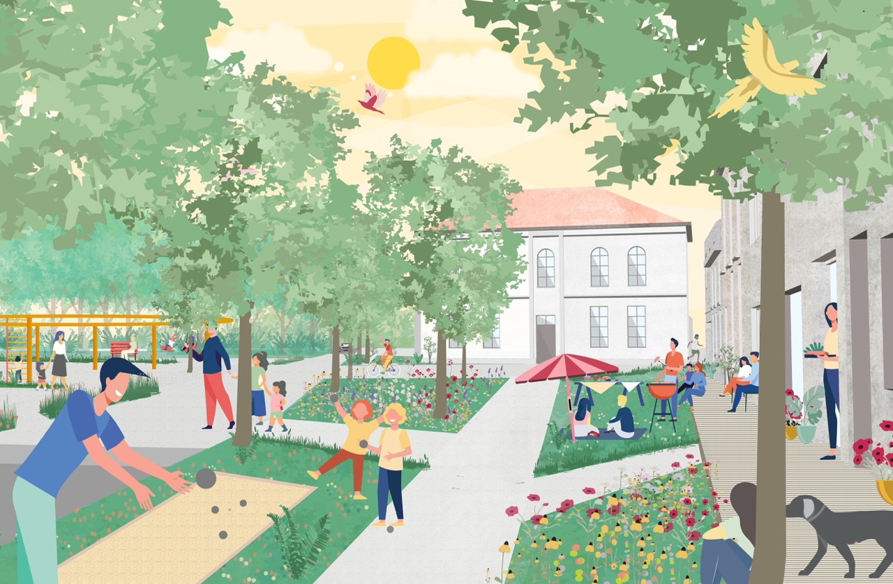 À Muizen (Malines), l’art joue un rôle de catalyseur : de petits gestes ouvrent le dialogue sur l’espace partagé. Image conceptuelle : une place comme porte d’entrée vers la Dyle © Voids en collaboration avec OTO et Endeavour.